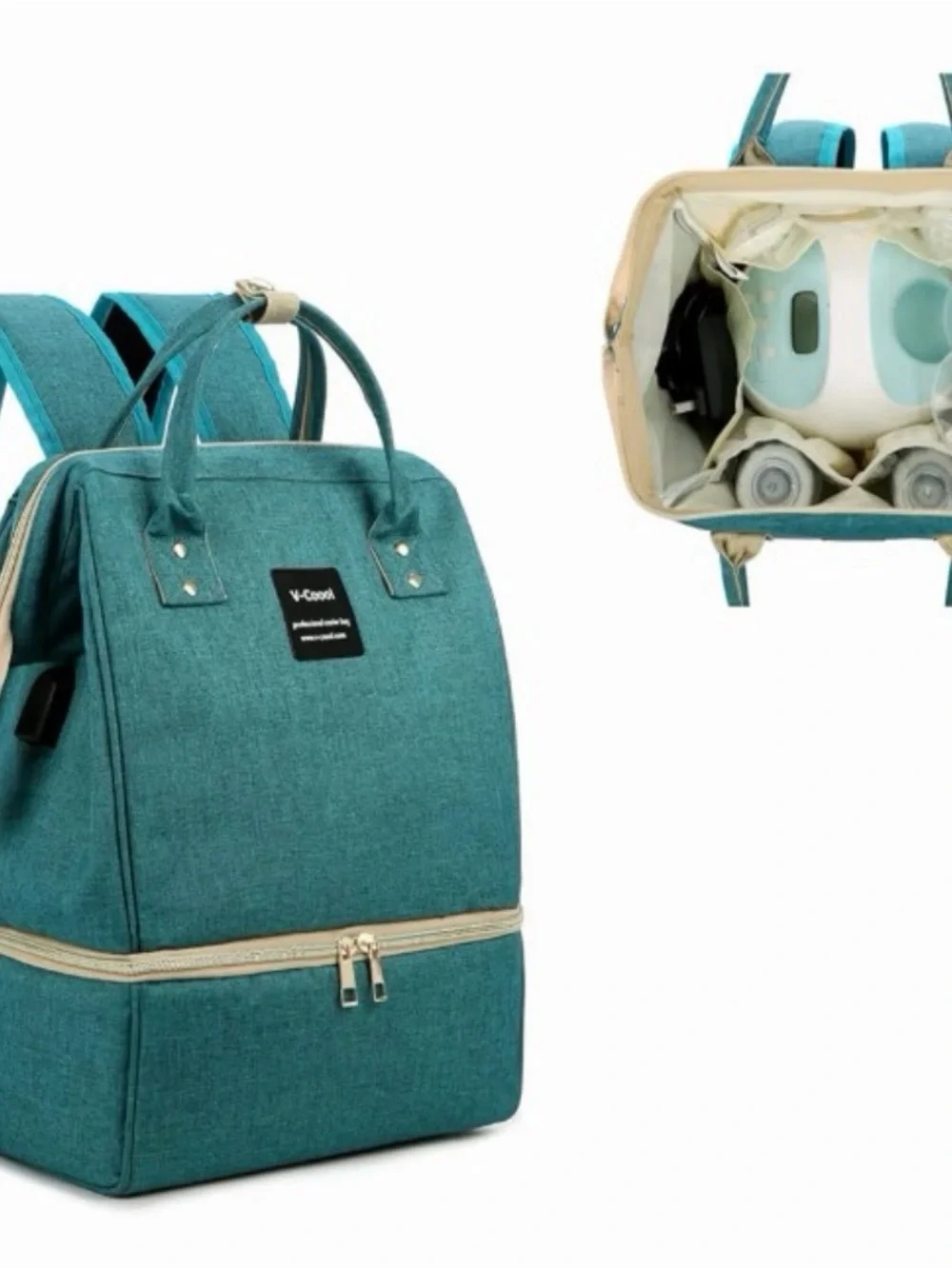V-COOOL Breast Pump Backpack Insulated Cooler Bag Teal Diaper Bag USB Port - Picture 2 of 5